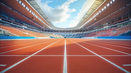 Immersive symmetrical view from the running track inside a modern athletics stadium, as if standing on the track at the center line.