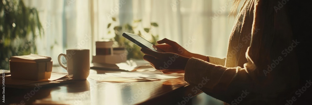 Poster A person using a smartphone at a table with a cup and a box in a sunlit environment.