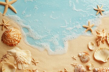 Plakat summer background with sea sand and sea waves, top view 