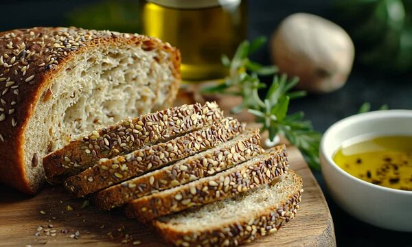 Sliced multigrain bread with seeds on a wooden board, alongside olive oil.