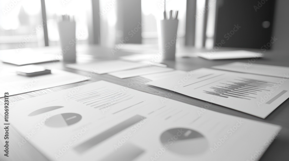 Poster a collection of business reports and charts laid out on a table for analysis.