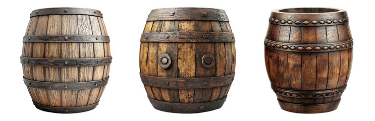 Obraz premium Wooden Barrels in Different Styles and Designs Isolated on transparent background