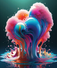 A hyperrealistic, surreal tree with a pink-blue canopy and flowing roots merging into iridescent liquid, in cinematic 8k detail