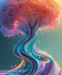 A hyperrealistic, surreal tree with a pink-blue canopy and flowing roots merging into iridescent liquid, in cinematic 8k detail