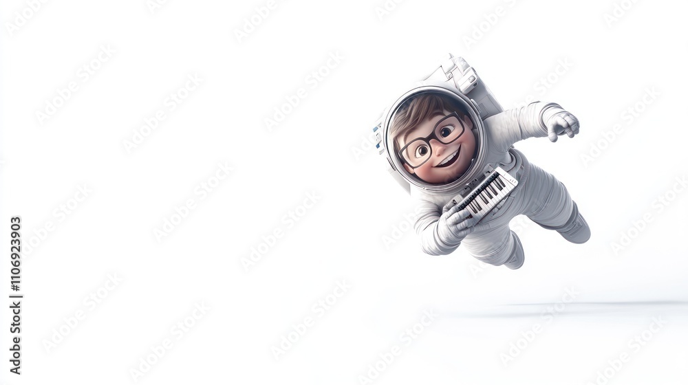 Poster a cheerful character in an astronaut suit plays a keyboard in a whimsical, space-themed scene.