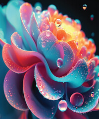 A hyperrealistic, surreal tree with a pink-blue canopy and flowing roots merging into iridescent liquid, in cinematic 8k detail