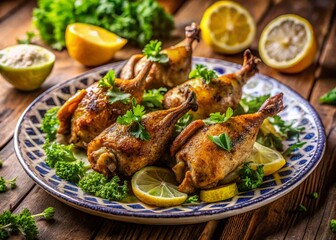 Fototapeta premium Exquisite Tilt-Shift Photography of Crispy Fried Quail with Herbs and Lemon on a Decorative Plate, Perfectly Capturing Culinary Artistry and Gourmet Presentation