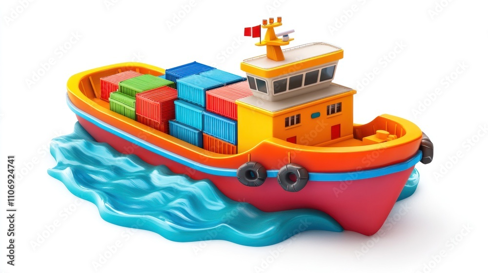 Poster a colorful toy cargo ship with stacked containers navigating blue waves.