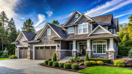 Modern Home with Regal Charm: Innovative Gray Siding, Natural Stone Accents, and Two-Car Garage in Serene Landscape Setting