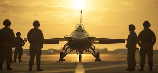 Military personnel stand near a fighter jet at sunset on a runway.