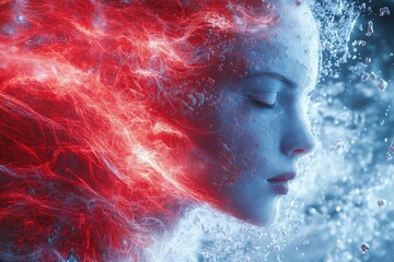 . A human face dissolving into Quantum Particles, with small fragments breaking away and floating. 