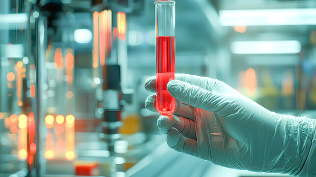 Laboratory action hand holding test tube with red liquid scientific environment close-up view for research impact