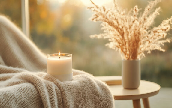 cozy nook with candle, fleece blanket, and dried flowers