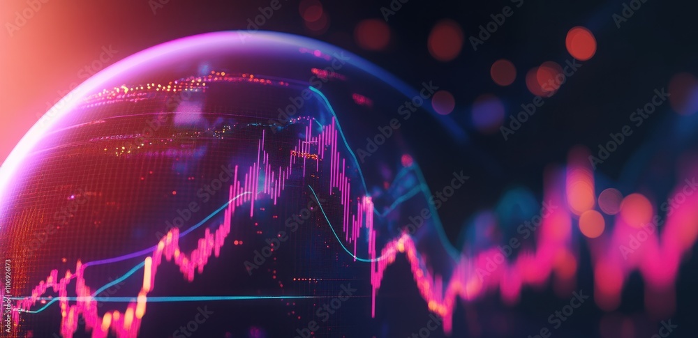 Poster A digital representation of financial data with graphs and a globe.