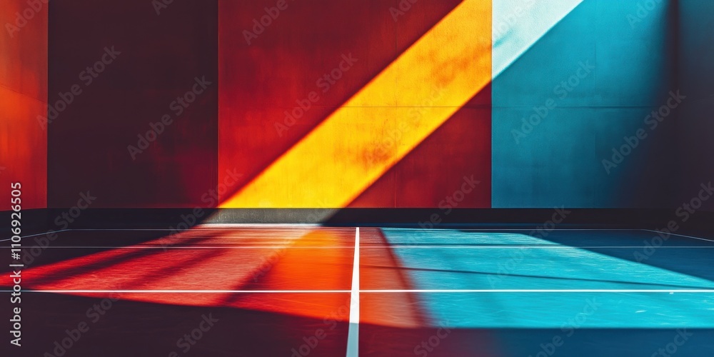 Poster A vibrant indoor space with colorful walls and dynamic light patterns.