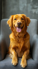 Golden Retriever Dog Sitting on Chair, Happy