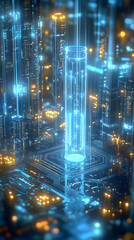 Obraz premium Abstract Futuristic Cityscape. Digital Tower Illuminates Circuit Board
