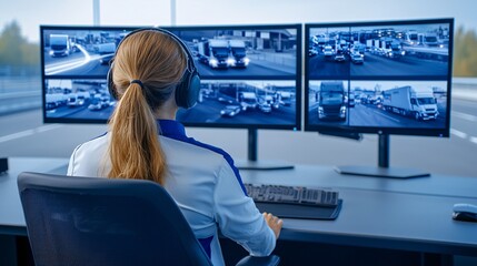 Tech-focused traffic monitoring technician operating multiple screens in city center