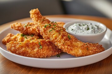 Crispy Fried Chicken Strips Served on a White Plate with a Creamy Dipping Sauce Garnished with Fresh Herbs on a Wooden Table Background