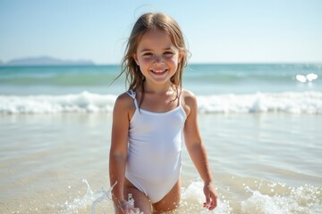 Happy Little Girl Playing in Ocean Waves