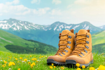 hiking boots on a vibrant green meadow with mountains in the background during a sunny day