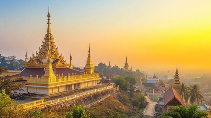 Fototapeta premium Golden Temples at Sunrise Over Misty Landscape in Southeast Asia