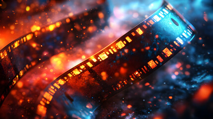 Glowing Film Reel Abstract Background with Fiery and Blue Sparks