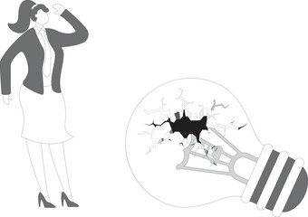 Businesswoman is disappointed with an broken idea light bulb on ground -