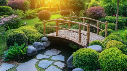 Fototapeta premium Serene Bamboo Bridge in Tranquil Garden at Sunset Glow