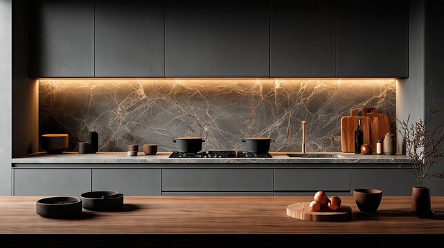 Minimalist kitchen interior with drawers, paired with smooth marble counter. A bare wooden table contrasts with a modern design, emphasizing neatness and ease of use of food storage space.
