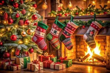Fototapeta premium Festive Christmas Socks Filled with Colorful Presents Under a Glittering Tree in a Cozy Living Room Setting