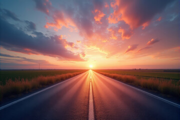 Naklejka premium A straight road leading towards a vibrant sunset, symbolizing the journey ahead.