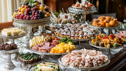 An overhead shot of a gourmet food display on a dining table, showcasing elegant platters of charcuterie, fruits, and a decadent dessert assortment 