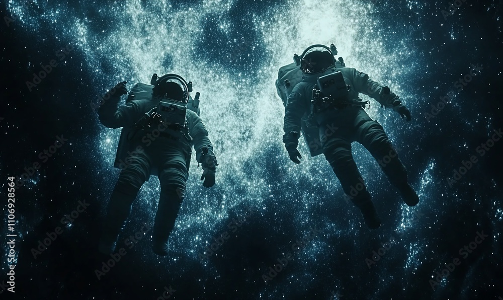Poster Two astronauts float in a starry space background, exploring the cosmos.