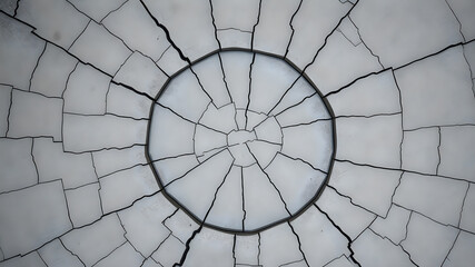 Obraz premium Top View of a Cracked Concrete Surface with a Large Central Hole. Generative AI
