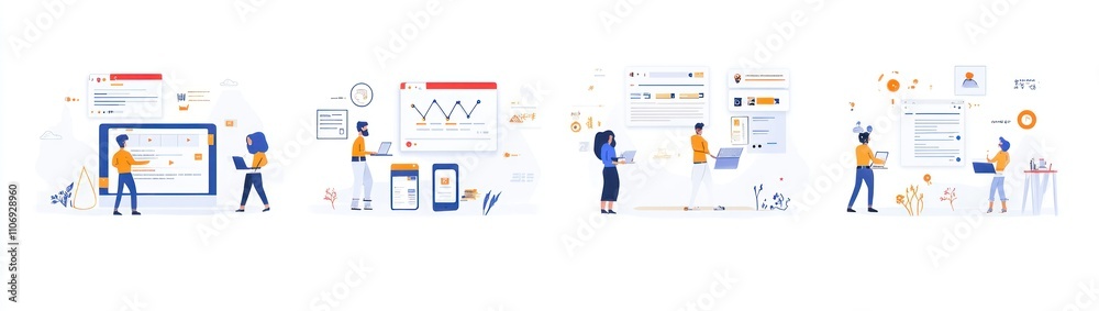 Poster Illustrations depicting digital interactions and data analysis in a business context.