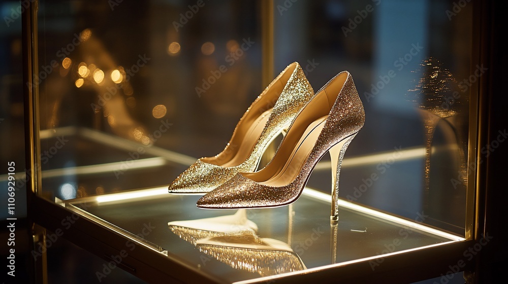 Poster sparkling high-heeled shoes displayed in a stylish showcase.