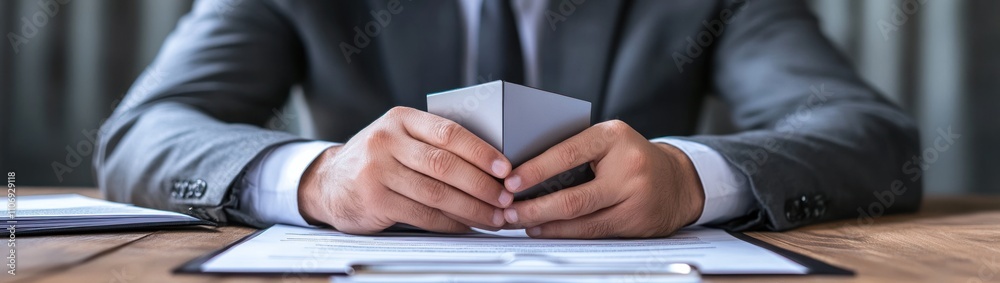 Aufkleber a businessman sits at a desk, hands clasped, with documents and a notebook in view.