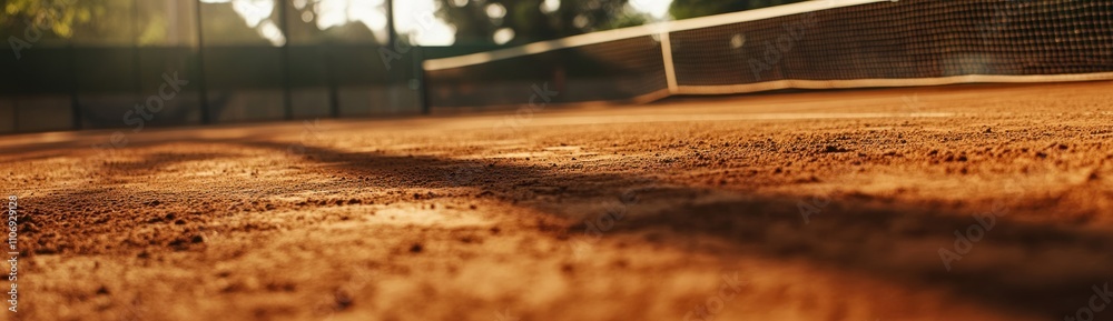 Aufkleber close-up view of a clay tennis court with shadows and net in the background.