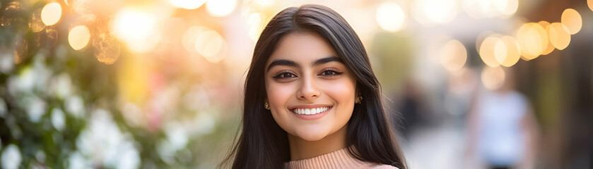 Woman Smiles Outdoors with Bokeh Background