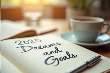 A notebook with the words "2025 Dreams and Goals" written on the page, with a cup of coffee and a pen nearby.