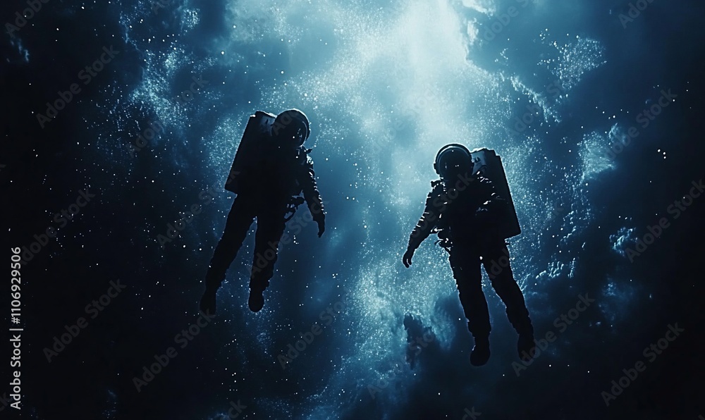 Poster two astronauts floating in a dark, ethereal underwater environment.