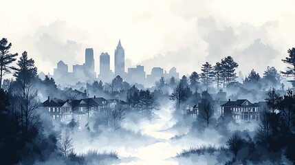 Misty city skyline view with suburban houses and trees.