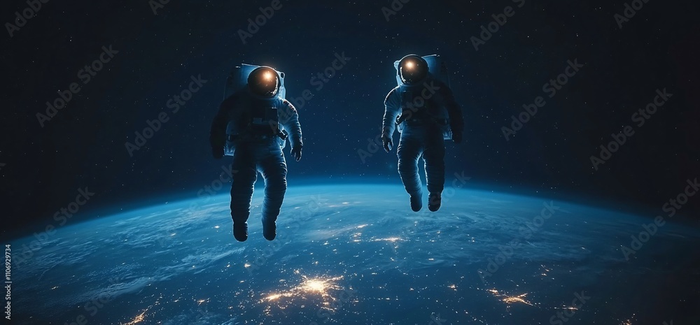 Poster two astronauts floating in space above earth, showcasing the cosmos.