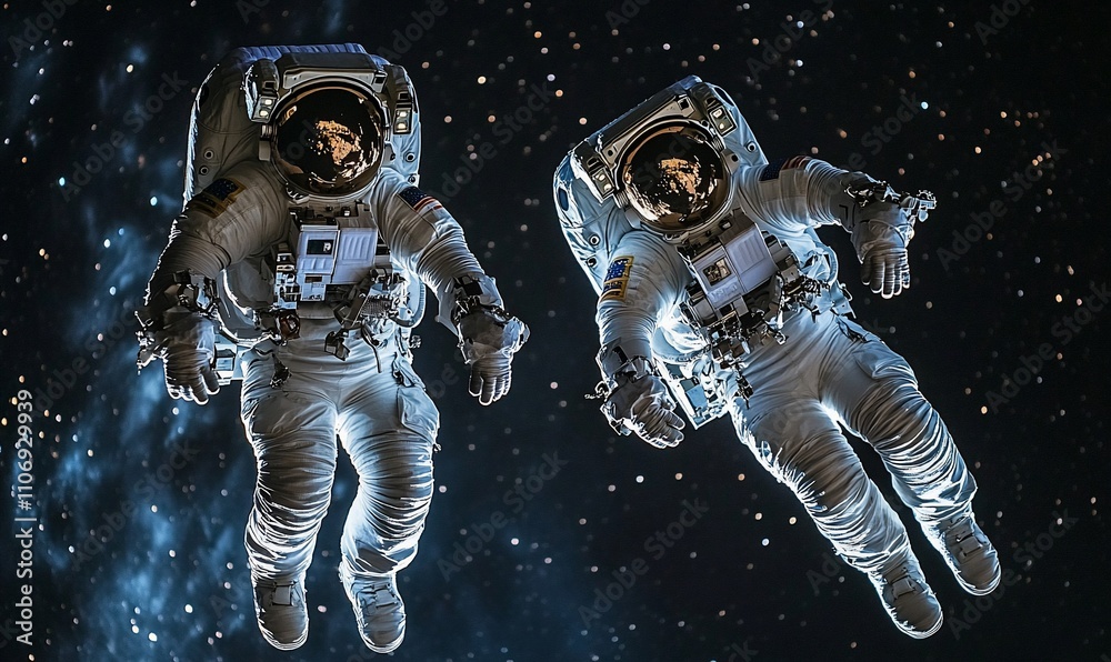 Poster Two astronauts floating in space against a starry backdrop.