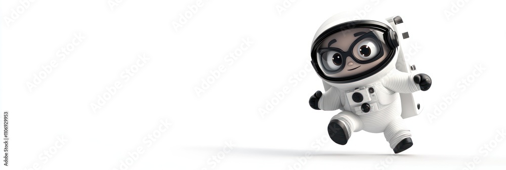 Poster a cute cartoon character in a spacesuit running playfully.