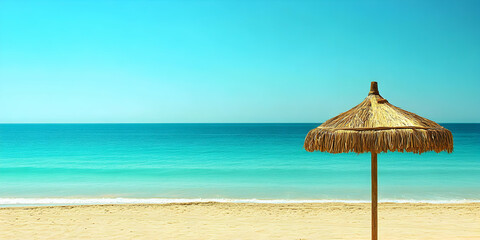 Serene Beach Scene: Thatched Umbrella on Sandy Shore, Azure Ocean Under a Clear Sky