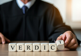 A judge arranging seven cubes labeled "VERDICT"