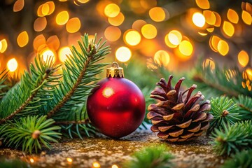 Obraz premium Festive Red Ornament with Pine Cone and Evergreen Branch Illuminated by Warm Glowing Lights for a Cozy Holiday Atmosphere