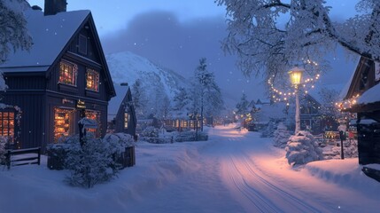Tranquil Winter Village Scene with Snow and Festive Lights